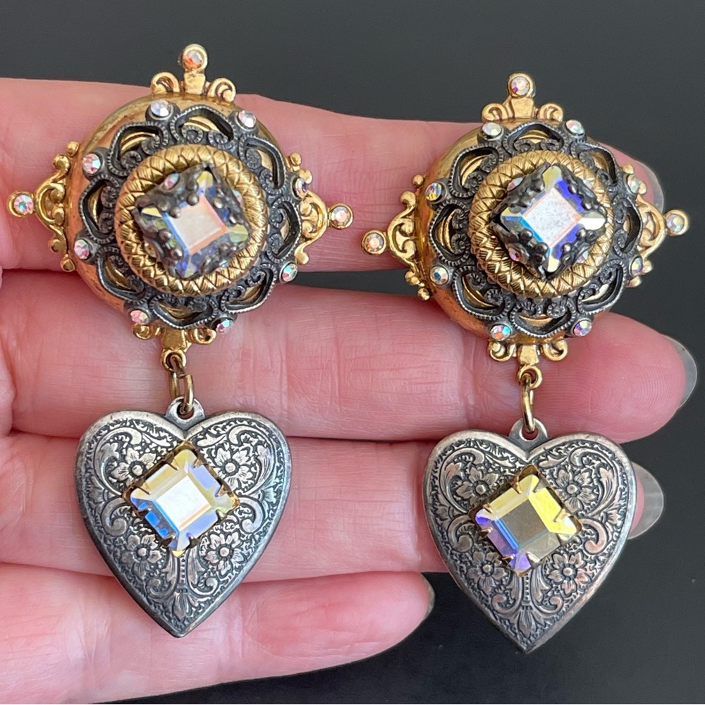 Vintage Mary Demarco Gold and Silver tone AB Crystal clip on Earrings.